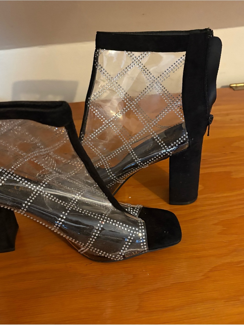 Clear Rhinestone Grid Block Heel Ankle Boots - Black